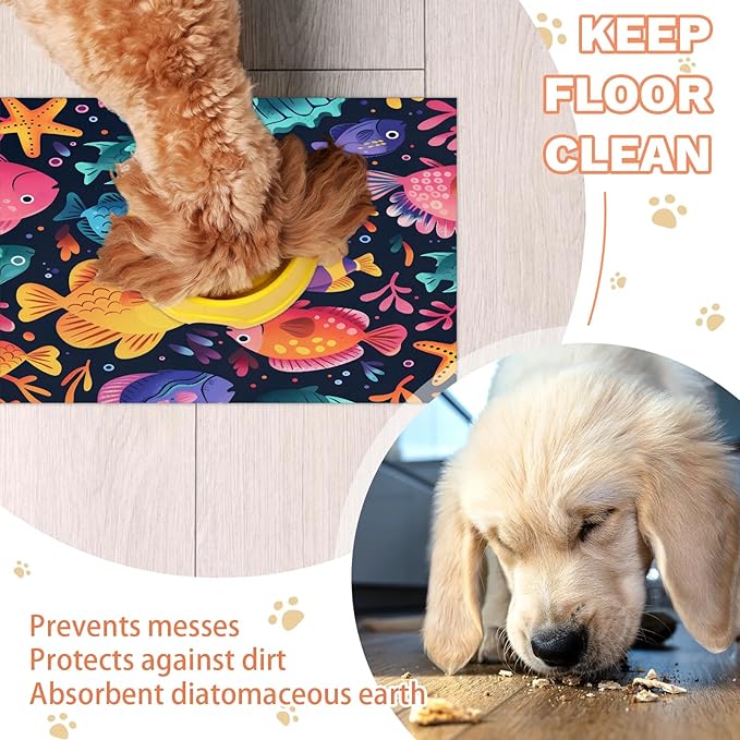Fish Dog Food Mat for Floors Absorbent Dog Bowl Mat for Food and Water Dispenser Quick Dry Cat Food Placemat Pet Supplies 24" x 32", Coral