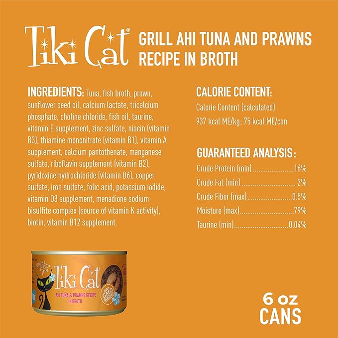 Tiki Cat Grill, Ahi Tuna & Prawns, High-Protein and 100% Non-GMO Ingredients, Wet Whole Foods Cat Food for All Life Stages, 6 oz. Cans (Pack of 8)