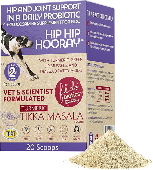Fidobiotics Hip & Joint Support for Dogs, Daily Probiotics for Dogs with Glucosamine & Chondroitin for Gut Health and Mobility, Turmeric Tikka-Masala Flavor - 20 Servings