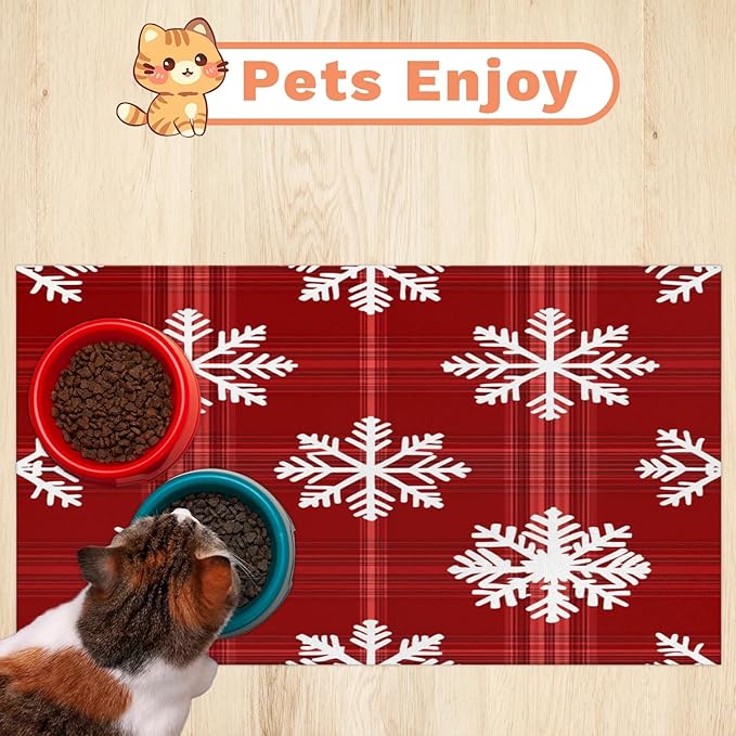Xmas Snowflake Dog Food Mat for Floors Absorbent, Quick Dry Water Dispenser Mat for Food, Water, Pet Supplies 17" x 30", Christmas