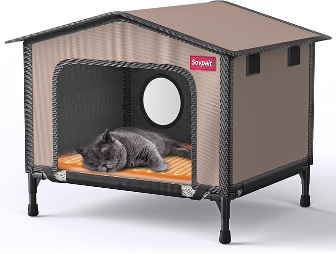 Outdoor Heated cat House with Heating pad and Escape Door,Waterproof and Warm Stray cat House,Suitable for Indoor,Outdoor,Winter,and Summer (Brown, M19*13 * 14.8)