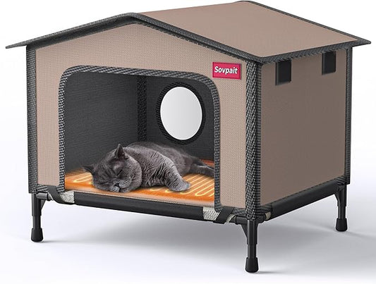 Outdoor Heated cat House with Heating pad and Escape Door,Waterproof and Warm Stray cat House,Suitable for Indoor,Outdoor,Winter,and Summer (Brown, M19*13 * 14.8)