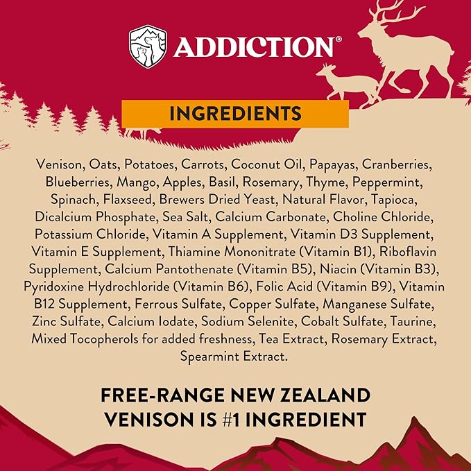 Addiction Homestyle Venison & Cranberry Dinner Raw Alternative Dog Food - Gently Air-Dried Complete Meal or Dog Food Topper for Digestive and Skin and Coat Health, 2 lb
