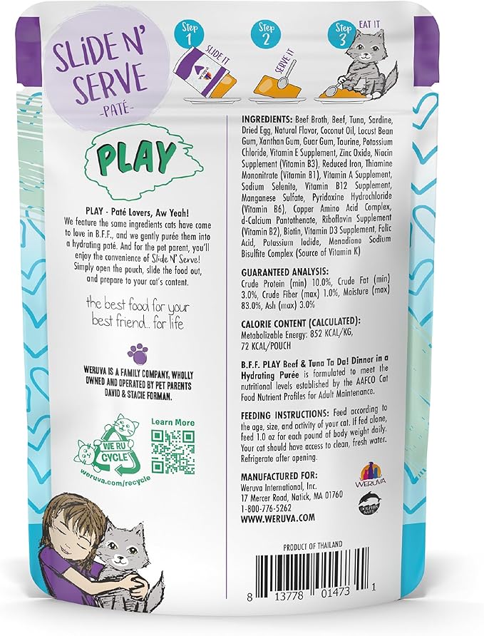 Weruva B.F.F. Play - Best Feline Friend Paté Lovers, Aw Yeah!, Beef & Tuna Ta Da! with Beef & Tuna, 3oz Pouch (Pack of 12)