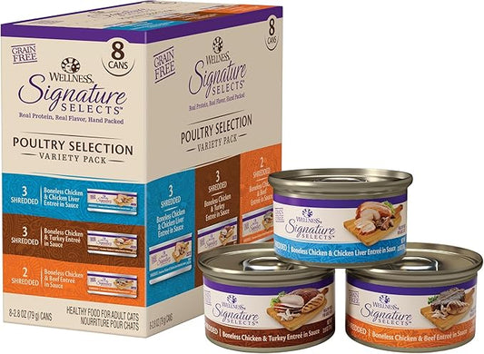 Wellness CORE Signature Selects Shredded Adult Wet Cat Food, Natural, Protein-Rich, Grain Free, 2.8 Ounce, 8 Pack (Poultry Variety Pack)