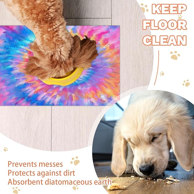 Tie Dye Dog Food Mat for Floors Absorbent, Quick Dry Water Dispenser Mat for Food, Water, Pet Supplies 17" x 30", Pink Purple