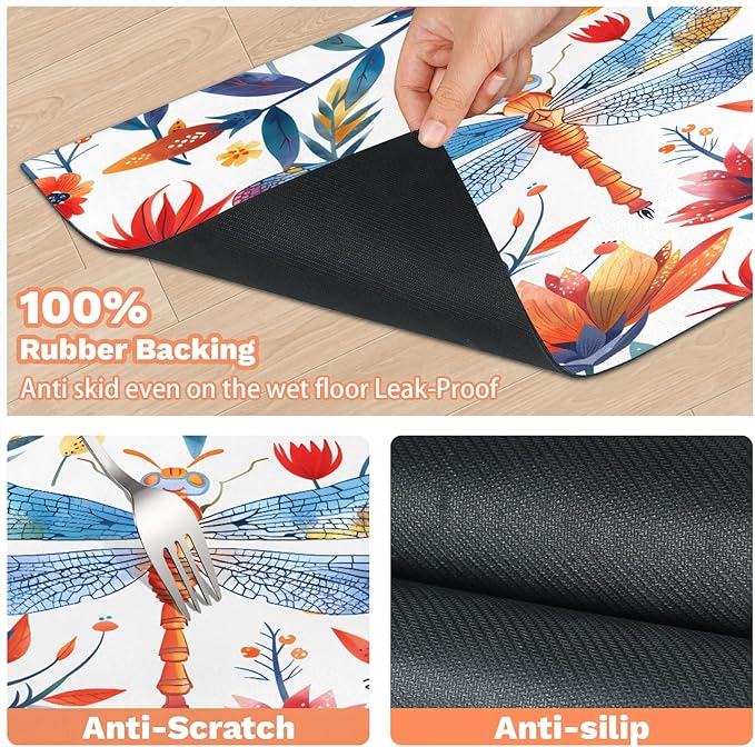 Dragonfly Wildflower Dog Food Mat for Floors Absorbent, Quick Dry Water Dispenser Mat for Food, Water, Pet Supplies 24" x 32", Flower Leaves