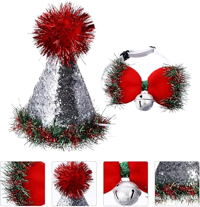 Abaodam Christmas Pet Hat and Bow Tie Set with Bell, Red Santa Cap and Festive Bowtie, 2pcs Holiday Costume for Dogs and Cats, Christmas Pet Supplies