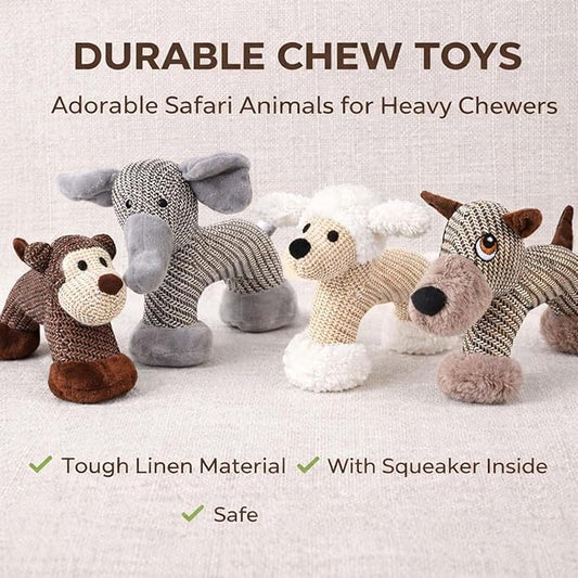 Pet Lori Linen Safari Companions with Squeaker & Crinkle - Durable Chew-Resistant Plush Toy for Small & Medium Dogs, Anxiety Relief & Teeth Cleaning, Fun Elephant & Lion Animal Shapes (Elephant)