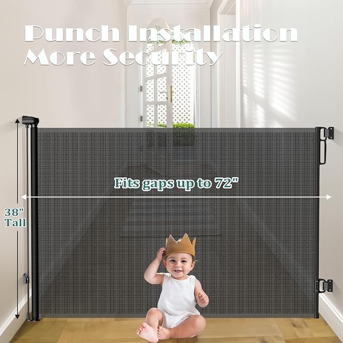 Retractable Baby Gates Extra Wide | 72" Wide x 38" Tall Dog Gates for Stairs | Indoor/Outdoor Use | Child Gates for Doorways, Deck, Porch, Hallways, Patio - Black