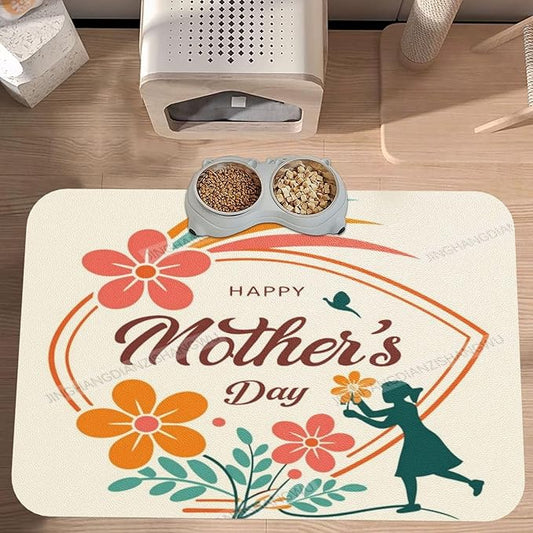 Pet Feeding Mat Happy Mother's Day Floral Gift Mom Da Dog Food Mat for Food Water No Stains Quick Dry Dispenser Cat Bowl Mats for Messy Drinkers 18X12In
