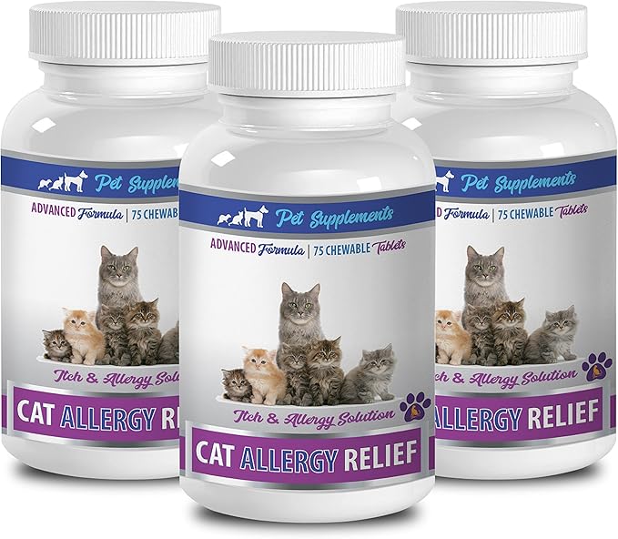 PET SUPPLEMENTS & NUTRITION LLC cat Allergy Pills - CAT Allergy Relief Complex - Itch Relief Solution - Immune Support - VETS Recommended - Allergy 911 for Cats - 3 Bottles (225 Chewable Tablets)