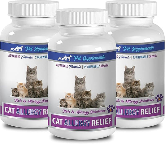 PET SUPPLEMENTS & NUTRITION LLC cat Skin and Itch Relief - CAT Allergy Relief Complex - Itch Relief Solution - Immune Support - VETS Recommended - cat Ear Itch - 3 Bottles (225 Chewable Tablets)