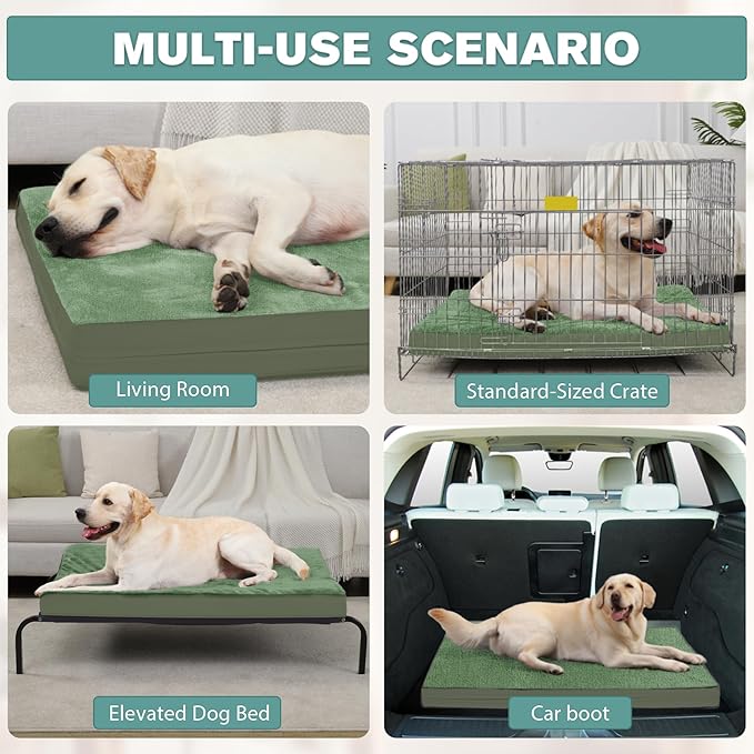 Outdoor Dog Beds Large Sized Dog Waterproof Washable, XL Leather Crate Pad 42 inch, Extra Large Orthopedic Foam Pet Bed with Removable Cover Reversible, Anti-Slip Kennel Pad, 41"x27", Green