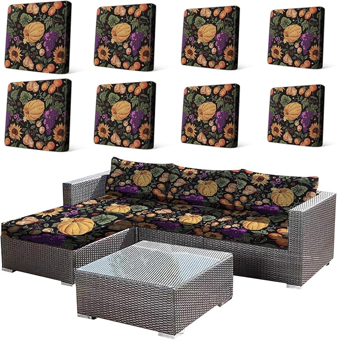 HANDONTIME 8Pcs Outdoor Patio Cushion Covers Pumpkin Stretch Couch Cushion Cover Patio Couch Slipcover for Outdoor/Indoor Washable Non-Slip Furniture Protector for Pet (Thanksgiving,Cover Only)