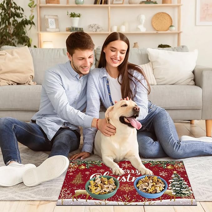 Merry Christmas Dog Food Mat for Floors Absorbent, Quick Dry Water Dispenser Mat for Food, Water, Pet Supplies 16" x 24", Gold Deer