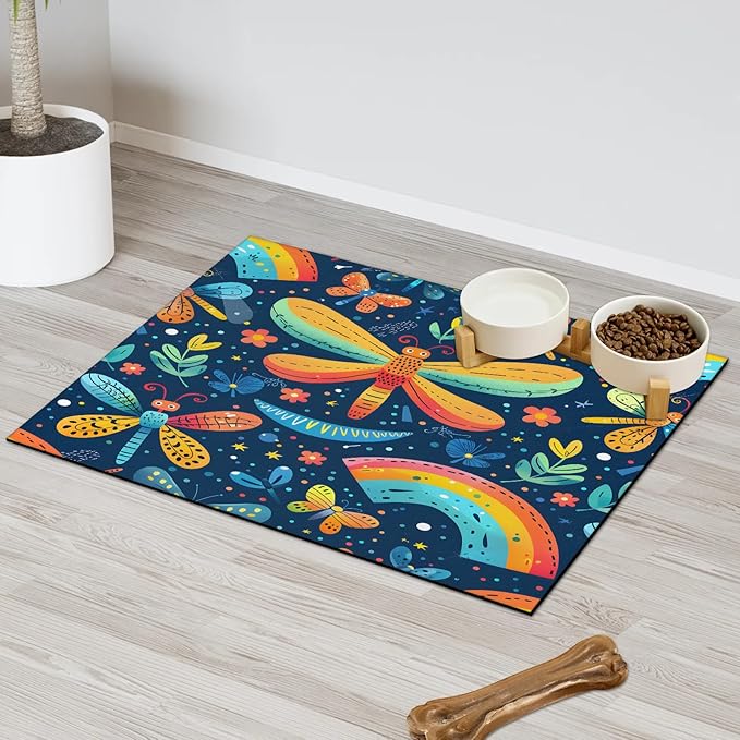 Colorful Dragonfly Dog Food Mat for Floors Absorbent, Quick Dry Water Dispenser Mat for Food, Water, Pet Supplies 24" x 32", Spring Flower
