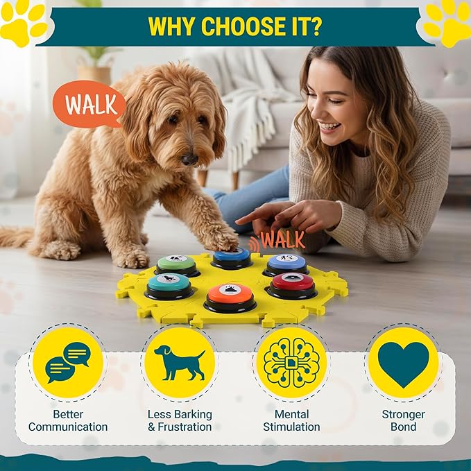 Dog Buttons for Communication with Mat (6 Pieces) - 6 Recordable Dog Talking Buttons - Teach Your Dog to Talk - Smart Dog Training Starter Set - Ideal Gift for Your Lovely Dog