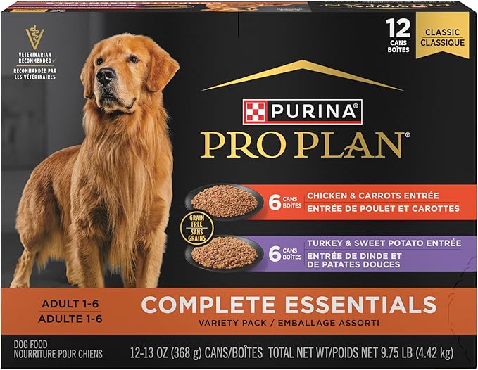 Purina Pro Plan Wet Dog Food Grain Free Complete Essentials Variety Pack,Chicken and Carrots and Turkey-and Sweet Potato Entrees - 13 oz. Cans,(Pack of 24)