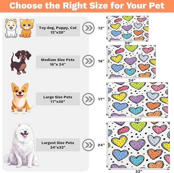 Colorful Heart Dog Food Mat for Floors Absorbent, Quick Dry Water Dispenser Mat for Food, Water, Pet Supplies 16" x 24", Black Polka Dot