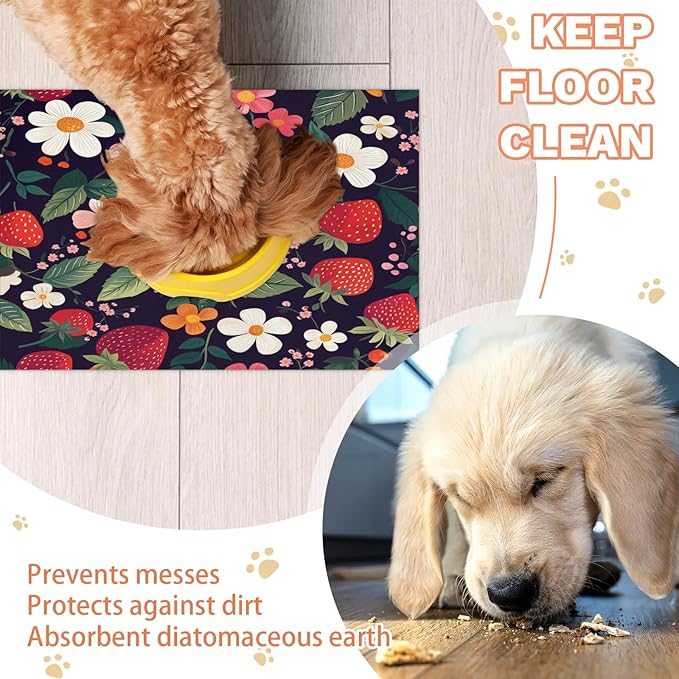 Strawberry Dog Food Mat for Floors Absorbent Dog Bowl Mat for Food and Water Dispenser Quick Dry Cat Food Placemat Pet Supplies 16" x 24", Spring Floral