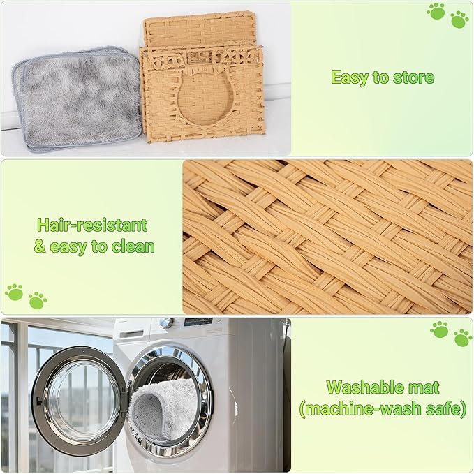Handwoven Rattan Cat Cave w/Two Cushions, Cat Beds Indoor Kitten House, Wateproof & Foldable Pet Cube Bed, Natural Color, 16.5”L x 16.5”W x 12.6”H