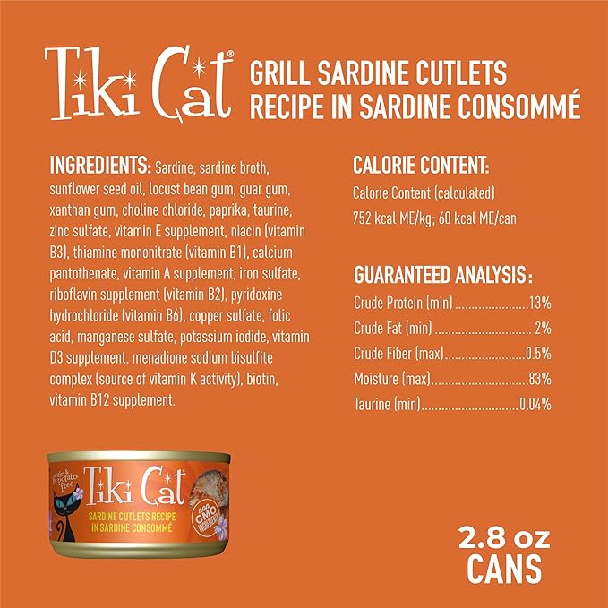 Tiki Cat Grill Wet Cat Food, Sardine Cutlets, 2.8 oz. Cans (12 Count)