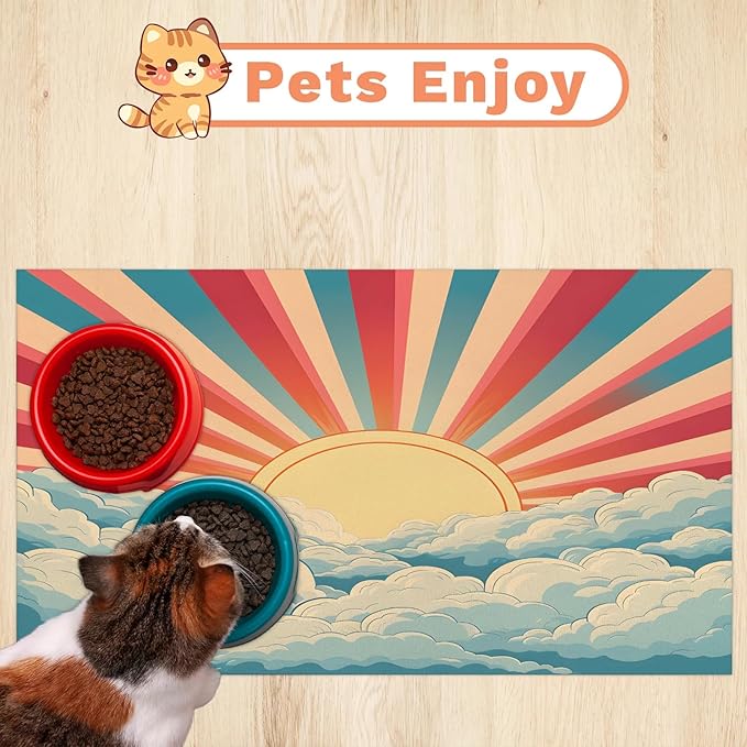 Sun Rainbow Dog Food Mat for Floors Absorbent, Quick Dry Water Dispenser Mat for Food, Water, Pet Supplies 17" x 30", Cloud