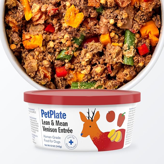 PetPlate Human-Grade Fresh Dog Food, Lean & Mean Venison Entrée – Wet Dog Food for All Breeds – High-Protein, Natural – 12-oz Cups, Case of 12