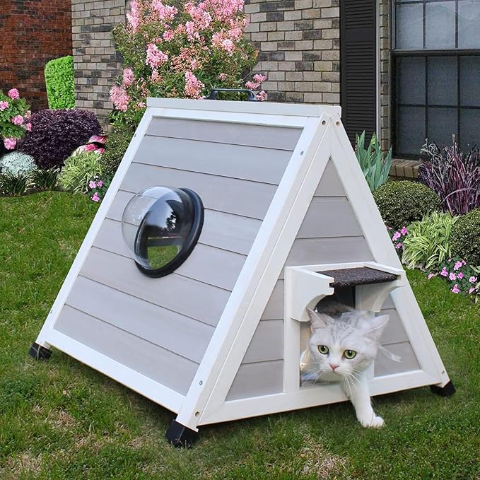 Deblue Outdoor Cat House for Feral Cats, Weatherproof Wooden Cat House for Small Pets, Unique Cat Shelter with Escape Door, Clear Window-Grey