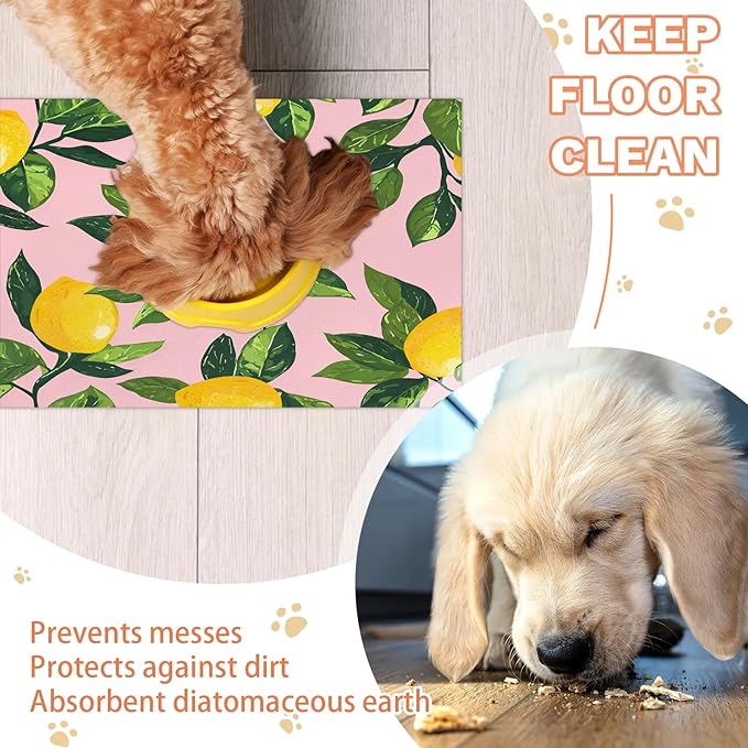 Lemon Fruits Dog Food Mat for Floors Absorbent Dog Bowl Mat for Food and Water Dispenser Quick Dry Cat Food Placemat Pet Supplies 17" x 30", Green Leaves