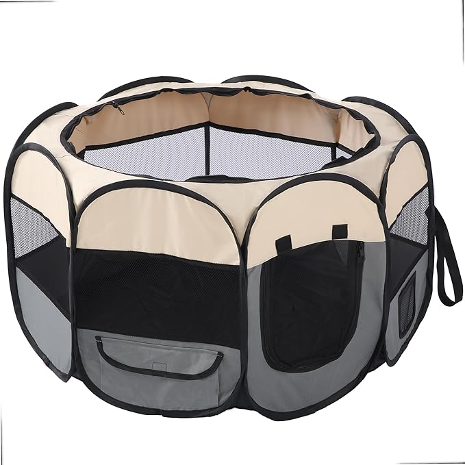 Pet Cat Playpen for Indoor Cats Enclosed,Puppy Small Dog Cat Tent Crates Cage,Portable Pet Dog Playpen,29x29x16,Grey/Beige,1Pack