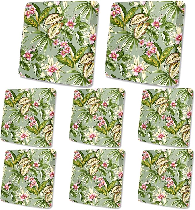 HANDONTIME 8Pcs Outdoor Patio Cushion Covers Green Leaves Pink Floral Stretch Couch Cushion Cover Patio Couch Slipcover for Outdoor Washable Non-Slip Furniture Protector for Pet (Green, Cover Only)