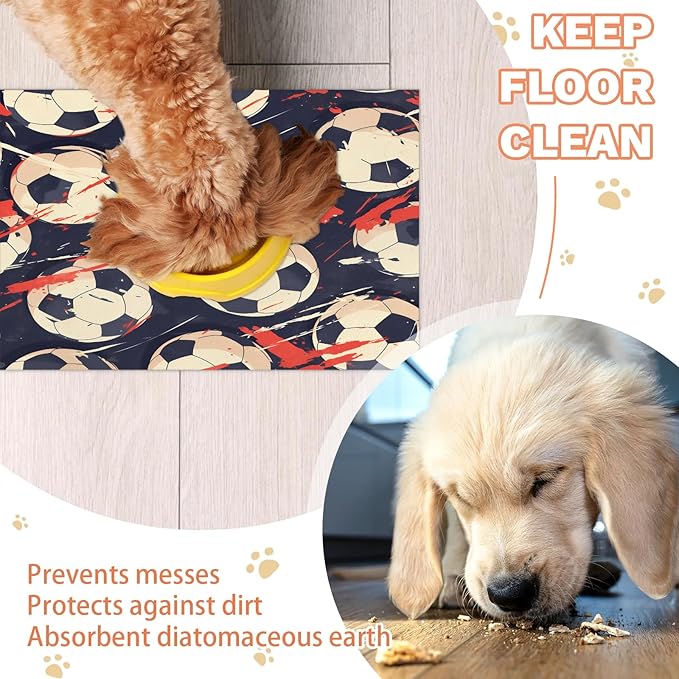 American Football Dog Food Mat for Floors Absorbent, Quick Dry Water Dispenser Mat for Food, Water, Pet Supplies 17" x 30", Soccer Ball