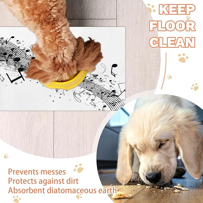 Music Notes Dog Food Mat for Floors Absorbent Dog Bowl Mat for Food and Water Dispenser Quick Dry Cat Food Placemat Pet Supplies 16" x 24", Black White
