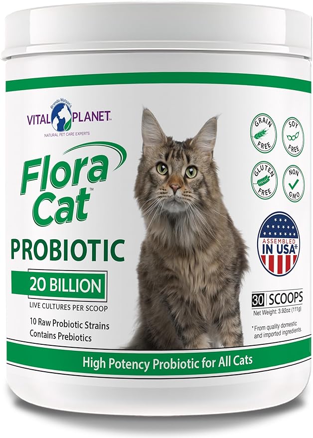 Vital Planet - Flora Cat Probiotic Powder Supplement with 20 Billion Cultures and 10 Diverse Strains High Potency Probiotics for All Cats for Feline Digestive and Immune Support 30 Scoops 3.92 oz