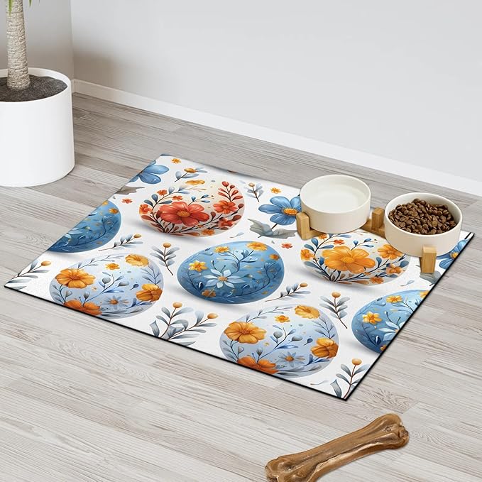 Floral Eggs Dog Food Mat for Floors Absorbent Dog Bowl Mat for Food and Water Dispenser Quick Dry Cat Food Placemat Pet Supplies 12" x 20", Happy Easter