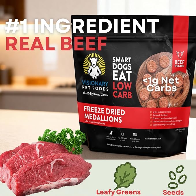 Visionary Pet Foods Low Carb Keto Dry Dog Food – Freeze Dried Raw Real Beef, <1g Net Carbs Per Cup, Grain Free High Protein, Diabetic Friendly, Natural Dog Food Made in USA, 25 oz