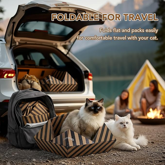 PETNOVO Foldable Cat Bed & House for Travel – Origami Cardboard Cat House with Built-in Honeycomb Scratcher Pad, No-Tools Assembly, FSC-Certified Recyclable, Black, 18.5" L x 18.5" W x 11.8" H