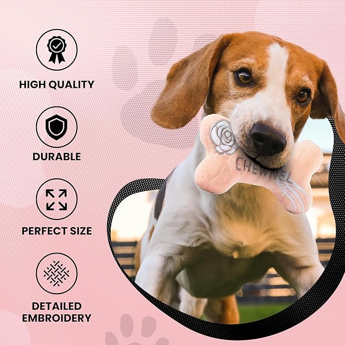 Dog Diggin Designs Chewnel Blush Plush Dog Toy Bone | Luxury-Inspired Parody Designer Bone with Squeaker, Soft Plush Chew & Play Dog Toy – Prêt-à-Porter Play!