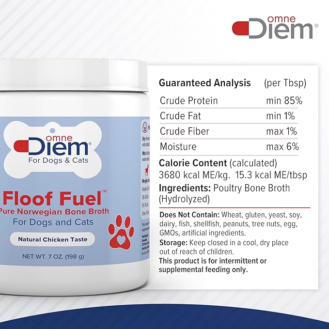 OmneDiem Floof Fuel for Cats & Dogs - Pure Norwegian Poultry Bone Broth - Pet Food Topper - Tasty Chicken Flavor, Rich in Protein - Supports The Health of The Joints, Gut, Skin & Coat - 7oz (198g)