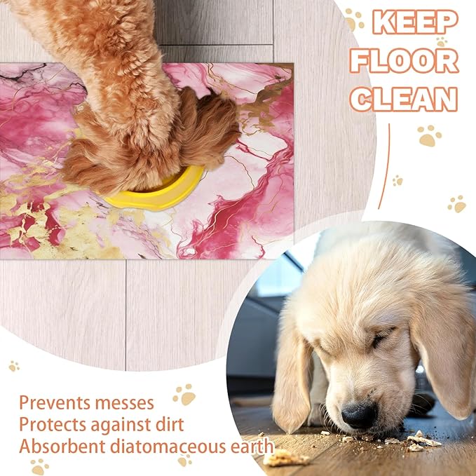 Marble Dog Food Mat for Floors Absorbent, Quick Dry Water Dispenser Mat for Food, Water, Pet Supplies 17" x 30", Pink Gold