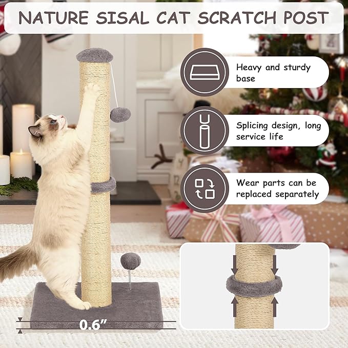 22 Inch Cat Scratching Post Cat Scratcher, Natural Sisal Rope Scratch Post Trees with Hanging Ball for Indoor Kittens