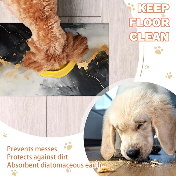 Marble Dog Food Mat for Floors Absorbent, Quick Dry Water Dispenser Mat for Food, Water, Pet Supplies 12" x 20", Gold Black Marble