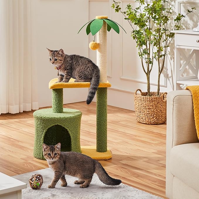 Yaheetech Cat Scratching Post, 37in Cute Coconut Palm Cat Scratcher w/Natural Sisal Rope, Coco Leaf, Dangling Pompom, Bending Perch, Cozy Condo Cat Scratching for Indoor Cats, Green/Yellow