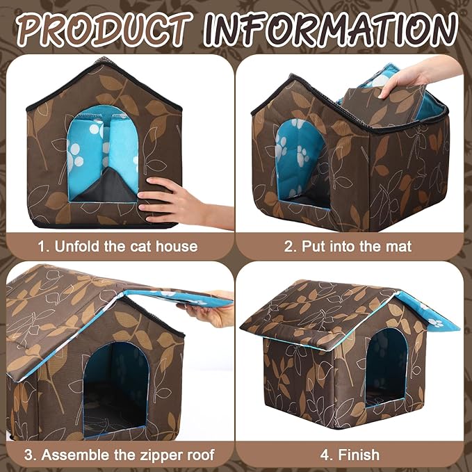 Cat House Outdoor Waterproof Houses for Feral Cats Dogs Pet Shelter Collapsible Dog House with Self Warming Pad Blanket, 3 Pcs Tent Stakes(16 x 15 x 14 Inch)