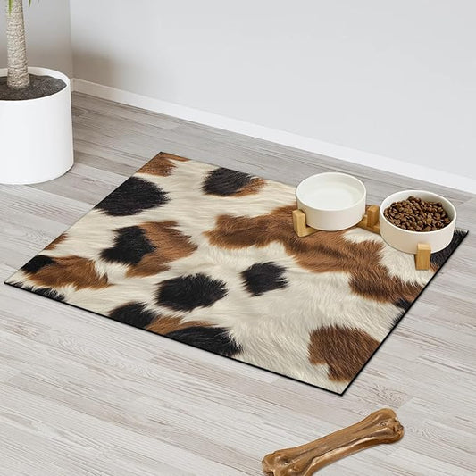 Cow Print Dog Food Mat for Floors Absorbent Dog Bowl Mat for Food and Water Dispenser Quick Dry Cat Food Placemat Pet Supplies 24" x 32", Cow Skin