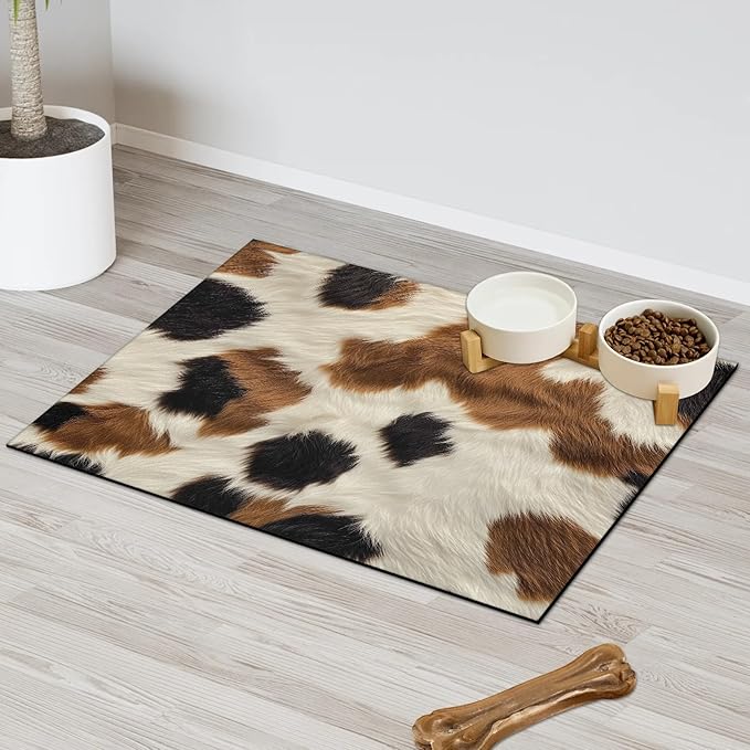 Cow Print Dog Food Mat for Floors Absorbent Dog Bowl Mat for Food and Water Dispenser Quick Dry Cat Food Placemat Pet Supplies 12" x 20", Cow Skin