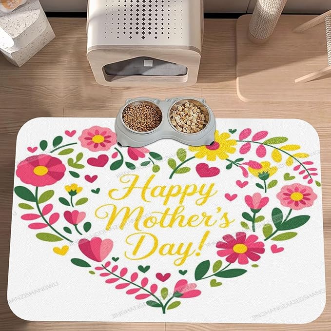 Pet Feeding Mat for Dogs Cats Happy Mother's Day Floral Gift for Mom Ki Absorbent Dog Food Mat Non-Slip Waterproof Placemat Quick Dry Pet Supplies Bowl Mats