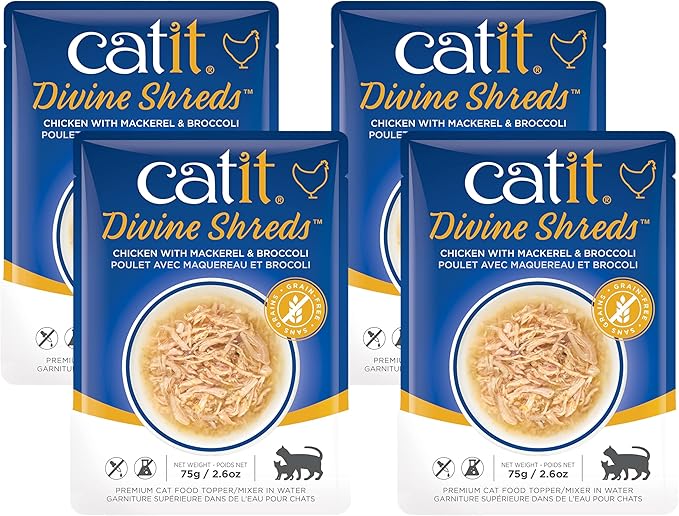Catit Divine Shreds Premium Cat Food Topper, Chicken with Mackerel & Broccoli (Pack of 4)